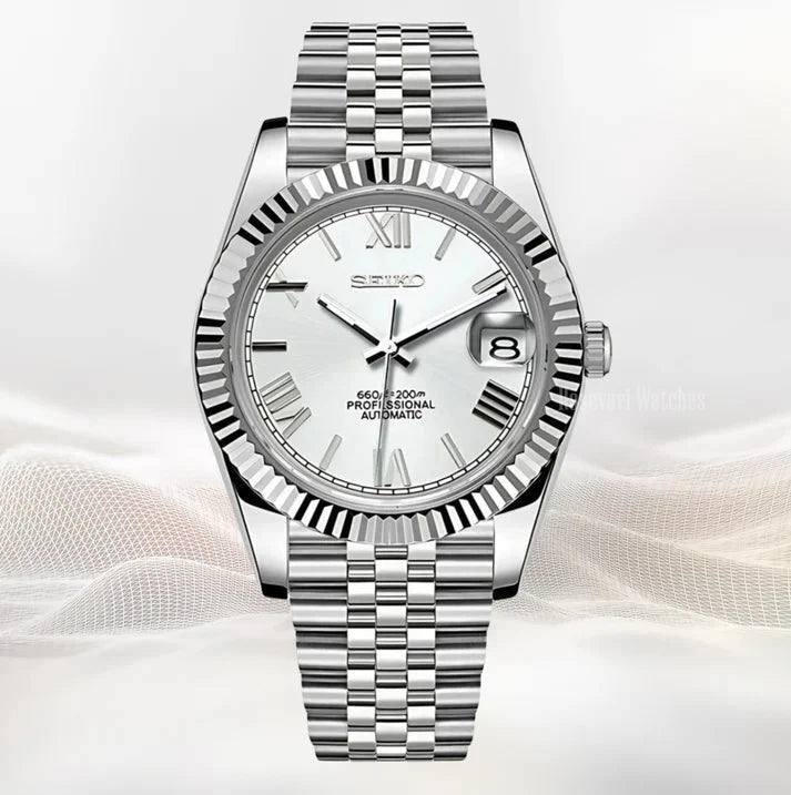 Datejust (White Roman) Seiko NH35 automatic mod watch. A silver dial watch with a fluted bezel and a metal link bracelet shown in a full front view.