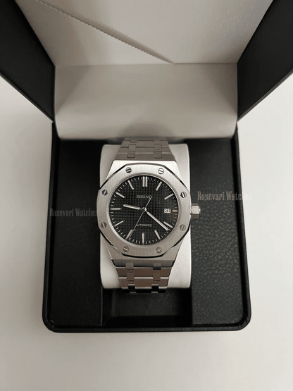 Royal Oak (Black) Seiko NH35 automatic mod watch. A black dial watch with a silver bezel and metal link bracelet inside an open watch box.