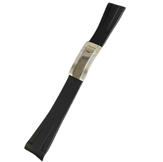 Oyster Flex Silicon Strap. A black rubber watch strap with a silver metal deployment clasp shown in a studio shot.