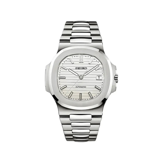 Nautilus (Silver White) Seiko NH35 automatic mod watch. A white dial watch with a silver bezel and metal link bracelet shown in a full product shot.