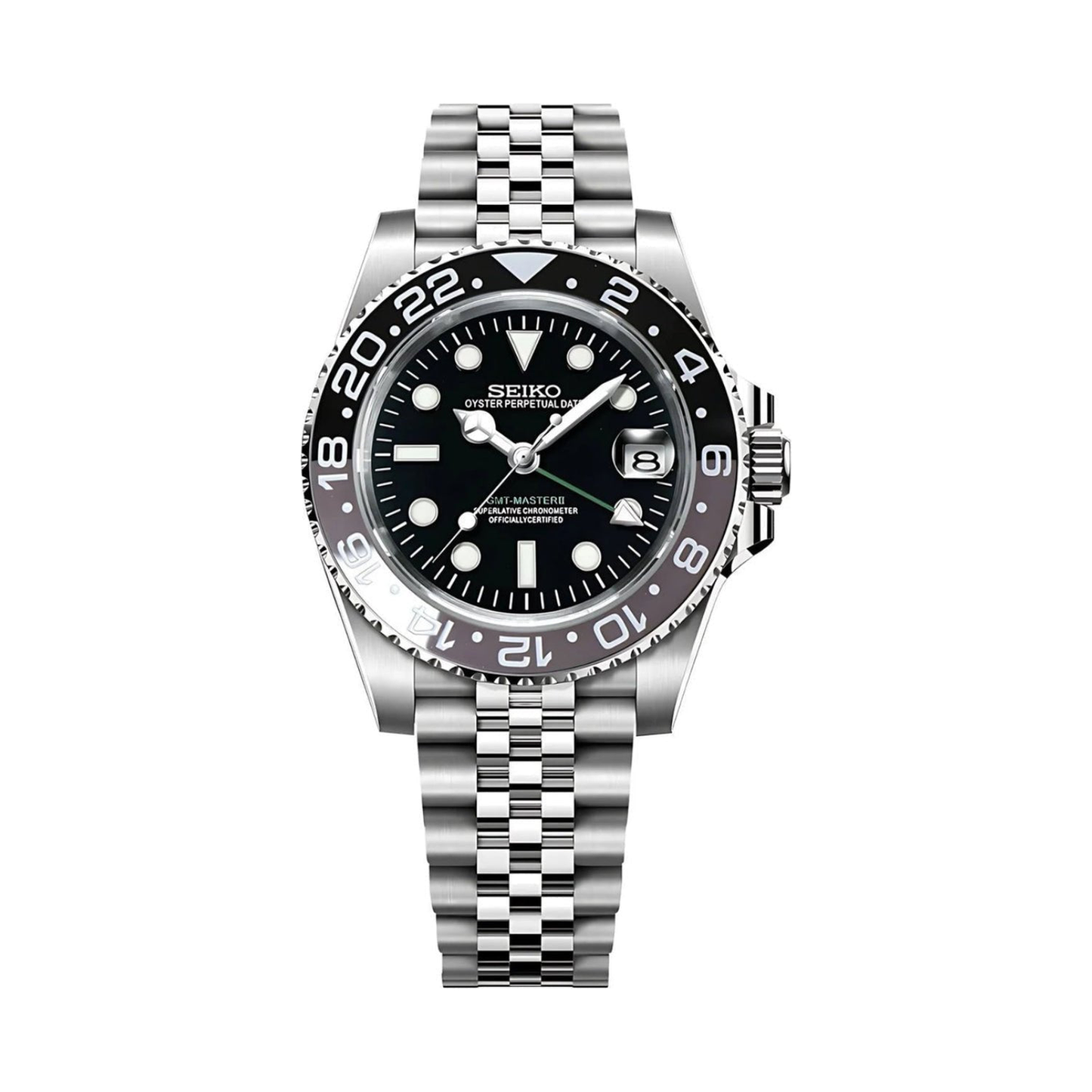 GMT (Bruce Wayne) Seiko NH34 GMT automatic mod watch. A black dial watch with a black bezel on a silver metal bracelet shown in a full watch shot.