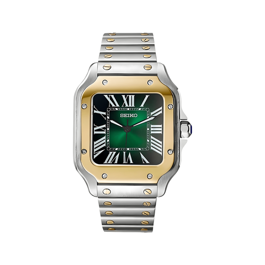 Santos (Two-Tone Green) Seiko NH35 automatic mod watch. A green dial watch with a smooth bezel and a steel bracelet, shown in a full product shot.