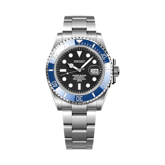 Submariner (Cookie Monster) Seiko NH35 automatic mod watch. A black dial watch with a rotating dive bezel and a steel bracelet, shown in a full product shot.