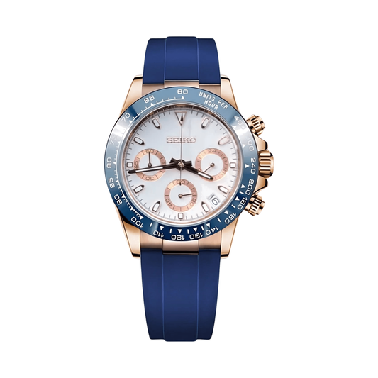 Daytona (Rose Gold Blue Rubber) Seiko VK63 meca-quartz chronograph mod watch. A white dial watch with a tachymeter bezel and a rubber strap, shown in a full product shot.