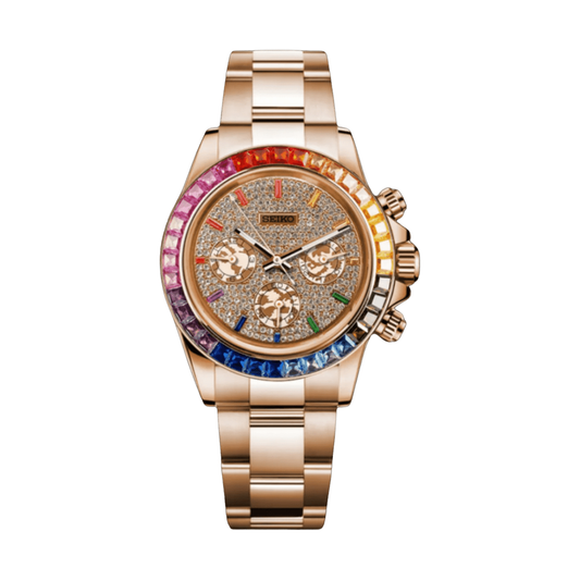 Daytona (Rose Gold Rainbow Ice) Seiko VK63 meca-quartz chronograph mod watch. A champagne dial watch with a stone-set bezel and a steel bracelet, shown in a full product shot.