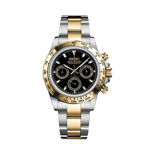Daytona (Two-tone Black) Seiko VK63 meca-quartz chronograph mod watch. A black dial watch with a tachymeter bezel and a steel bracelet, shown in a full product shot.